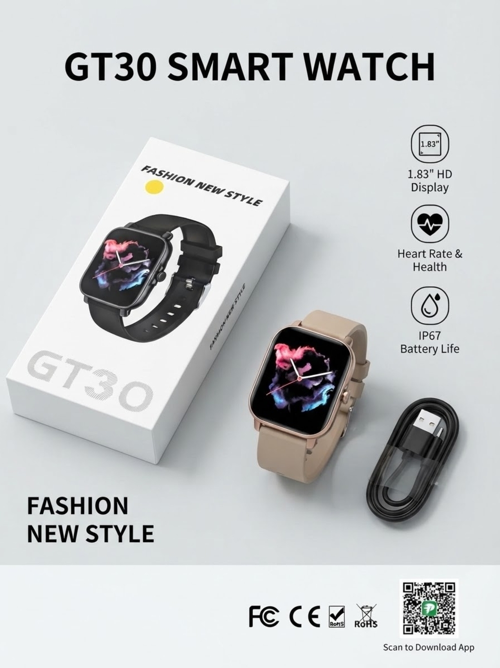 GT30 Smart Watch Fitness Tracker 1.83" TFT Screen Bluetooth Call IP67 Waterproof